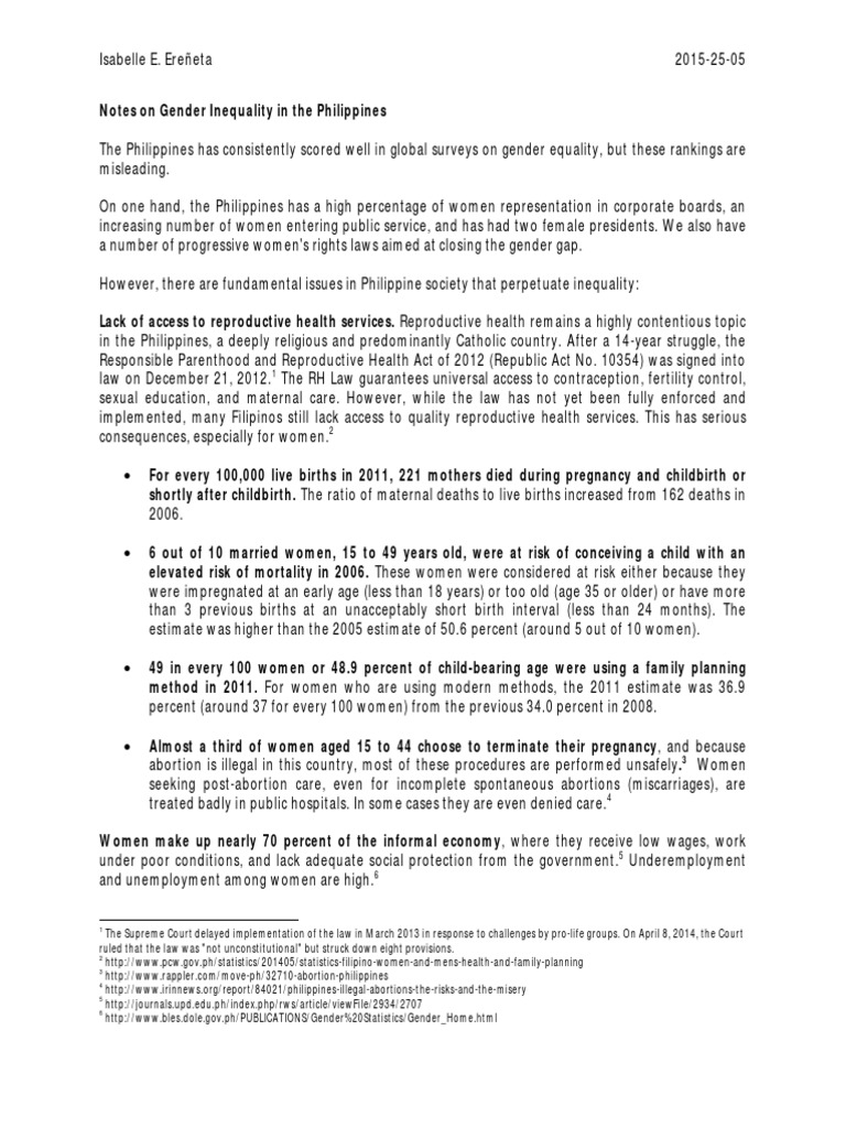 Notes On Gender Inequality in The Philippines | PDF | Convention On The ...