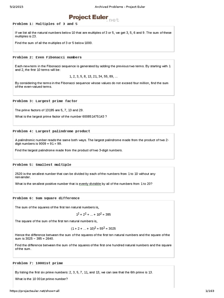 メモ Archived Problems - Project Euler | PDF | Prime Number