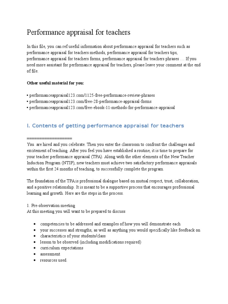 Performance Appraisal for Teachers Performance Appraisal Teachers