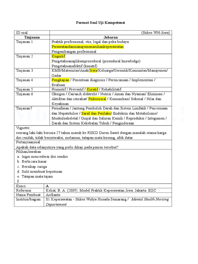 Contoh Soal Uji Kompetensi Keperawatan Jiwa Beserta Kunci