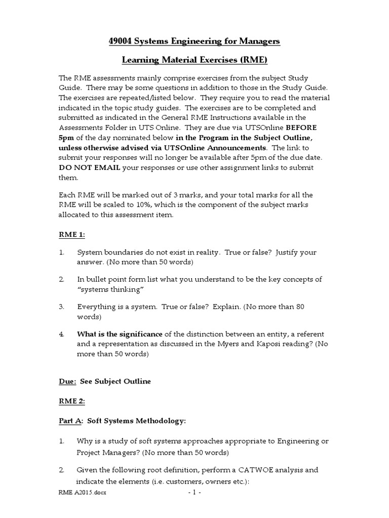 Systems Engineering For Managers Learning Material Exercises (RME ...