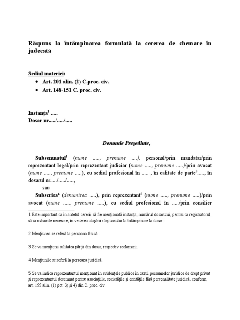 Raspuns La Intampinarea Formulata La Cererea de Chemare in Judecata | PDF