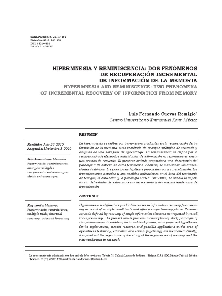 Hipermnesia y Reminiscencia PDF Memoria Adultos