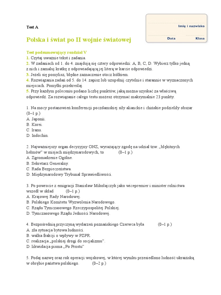 świat Po 2 Wojnie światowej Sprawdzian Klasa 8 Pdf