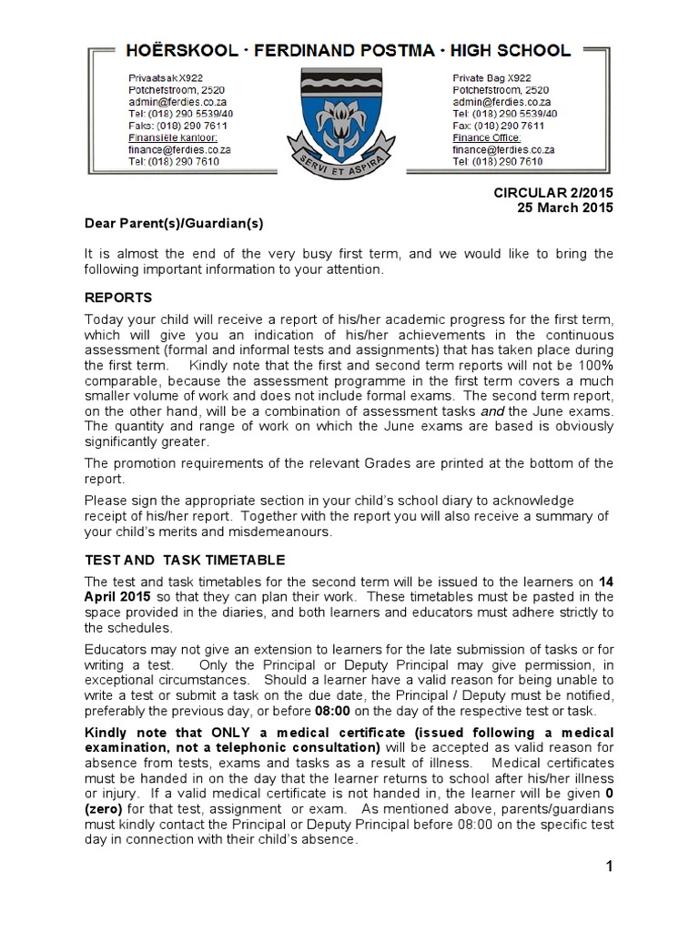 Ferdinand Postma High School Communication Letter 2/2015 PDF Test