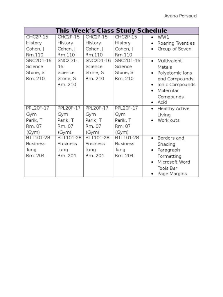 Weekly Class Study Schedule Overview | PDF | Science & Mathematics
