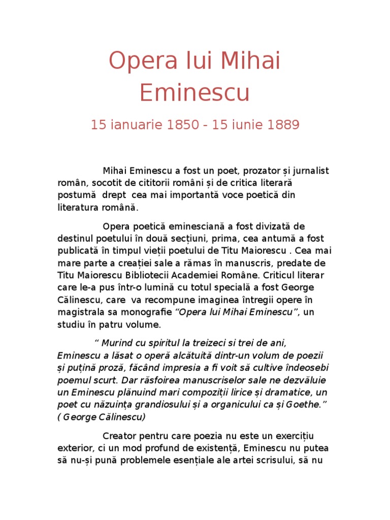 Opera Lui Mihai Eminescu | PDF