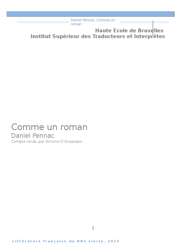 Essai Sur Comme Un Roman, Par Daniel Pennac, PDF, Lecture (Processus)