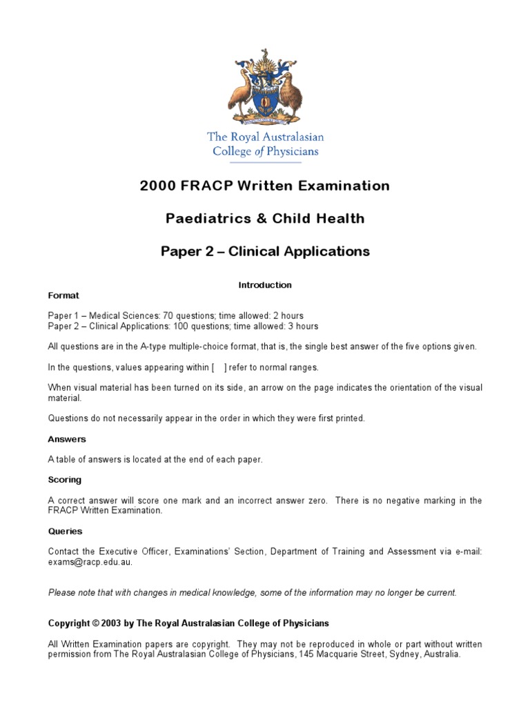 2000 FRACP Written Examination Paediatrics & Child | PDF | Congenital ...