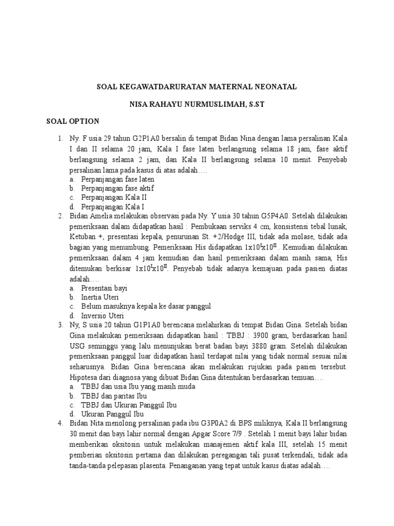Contoh Soal Kasus Askeb Kegawatdaruratan