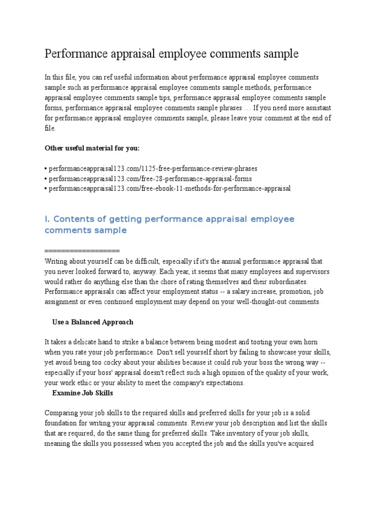 Performance Appraisal Employee Comments Sample | PDF | Performance Appraisal  | Employment