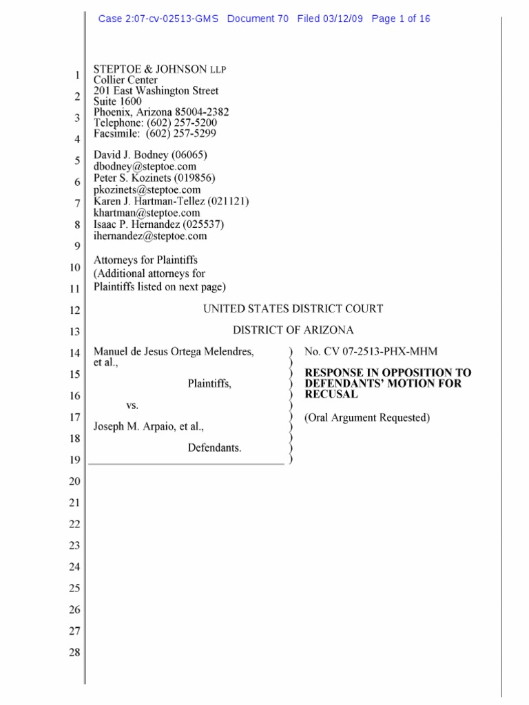Response in Opposition To Plaintiffs, Defendants' Motion For 16 Recusal ...