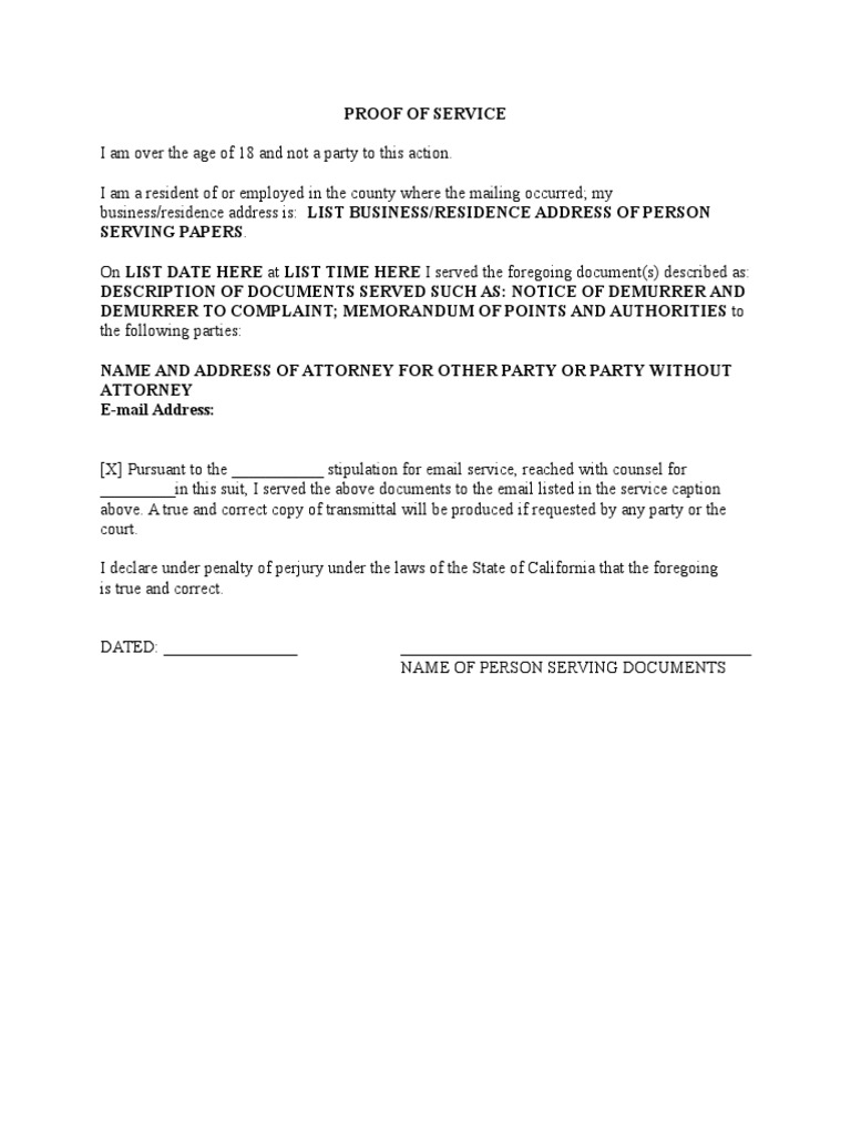 Sample Proof Of Service By E Mail For California Demurrer Lawsuit