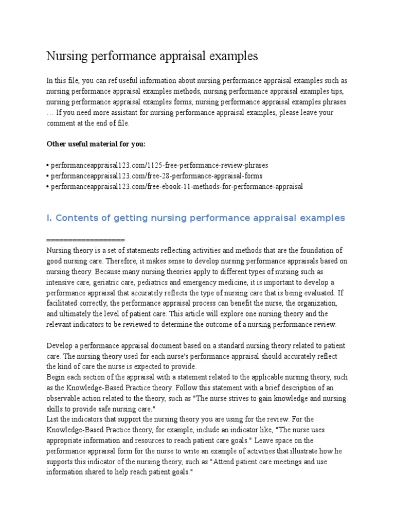 Nursing Performance Appraisal Examples Performance Appraisal
