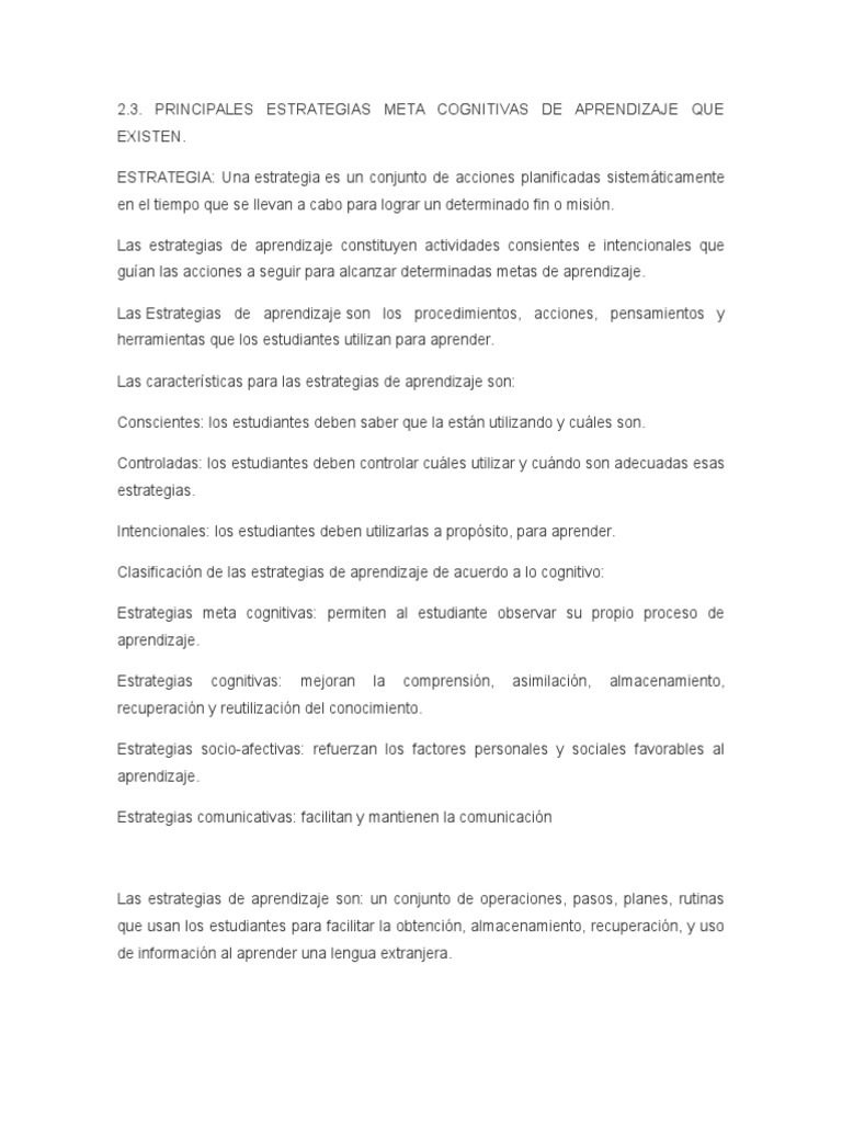 Estrategias Meta Cognitivas de Aprendizaje | PDF | Lectura (proceso ...