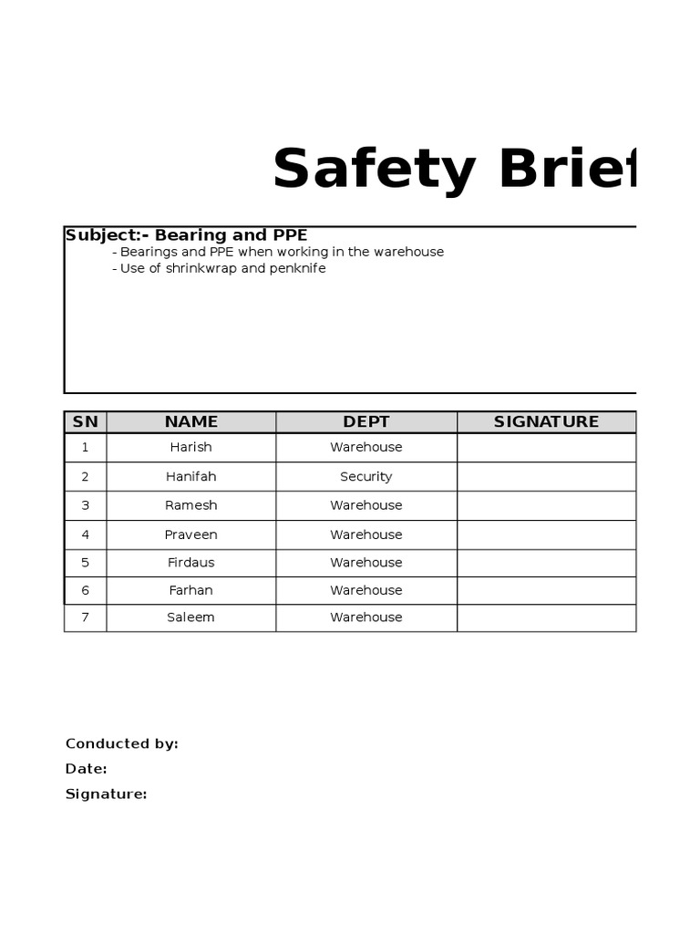 Safety Brief Format Warehouse Industries