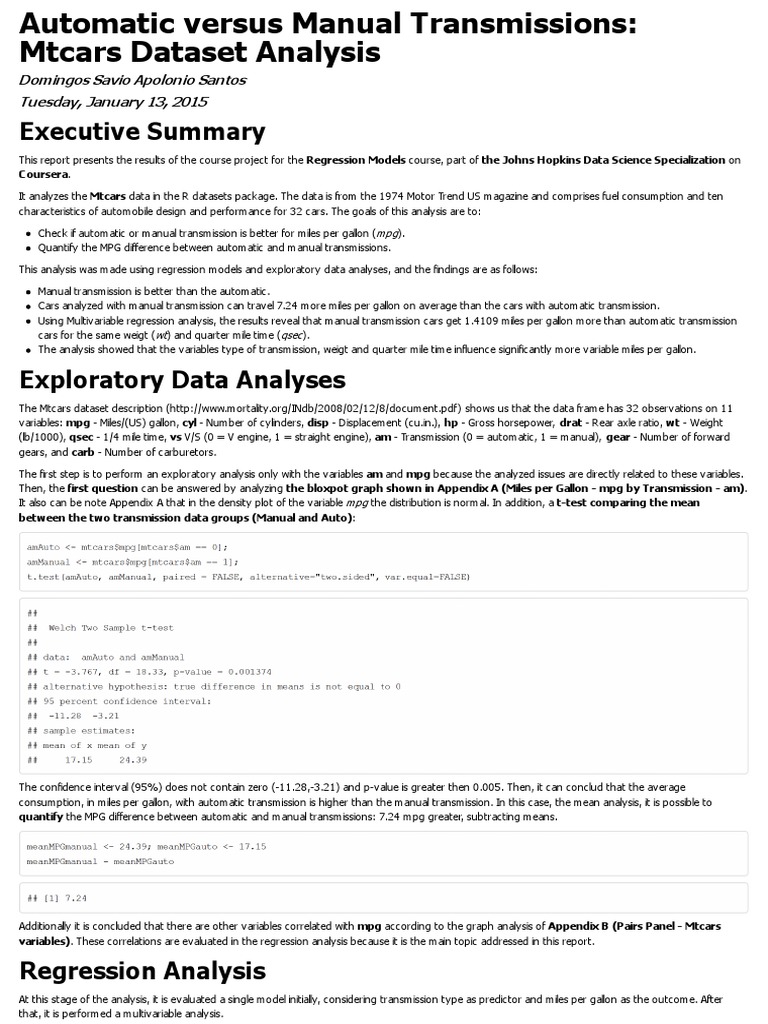Automatic Versus Manual Transmissions Mtcars Dataset Analysis PDF