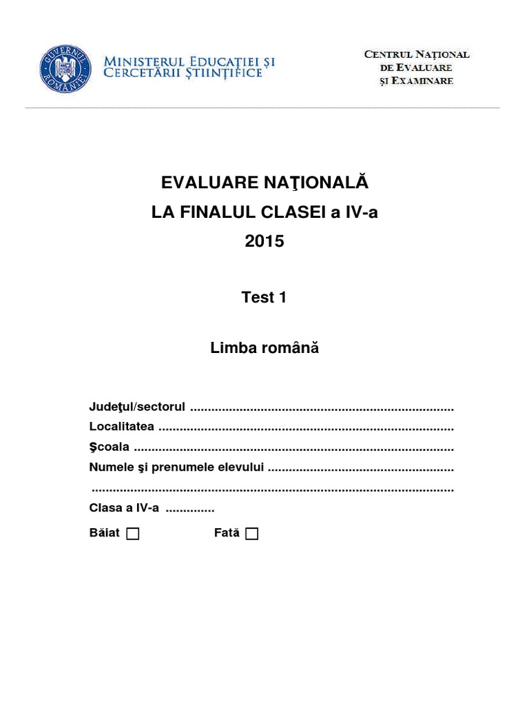 Evaluarea Nationala Limba Romana Clasa 4 Test 1