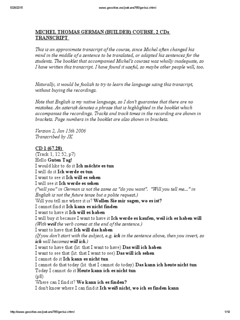 Michel Thomas German Course Transcript | PDF | Linguistics | Language ...