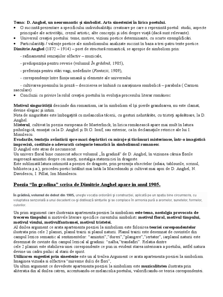 NotiÈe La LecÈia Simbolismul Dimitrie Anghel