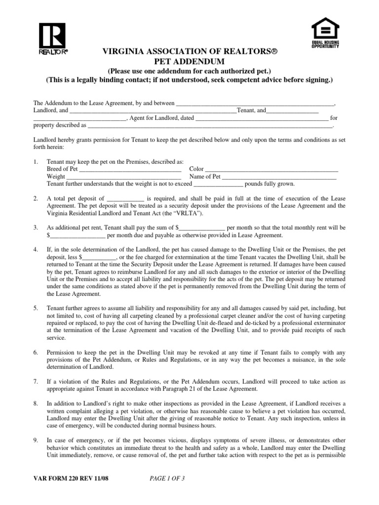 23 PetAddendum  PDF  Lease  Leasehold Estate Within pet addendum to lease agreement template
