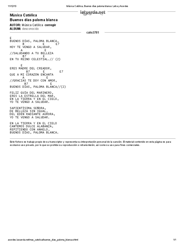 Música Católica Buenos Días Paloma Blanca Letra Y Acordes Pdf