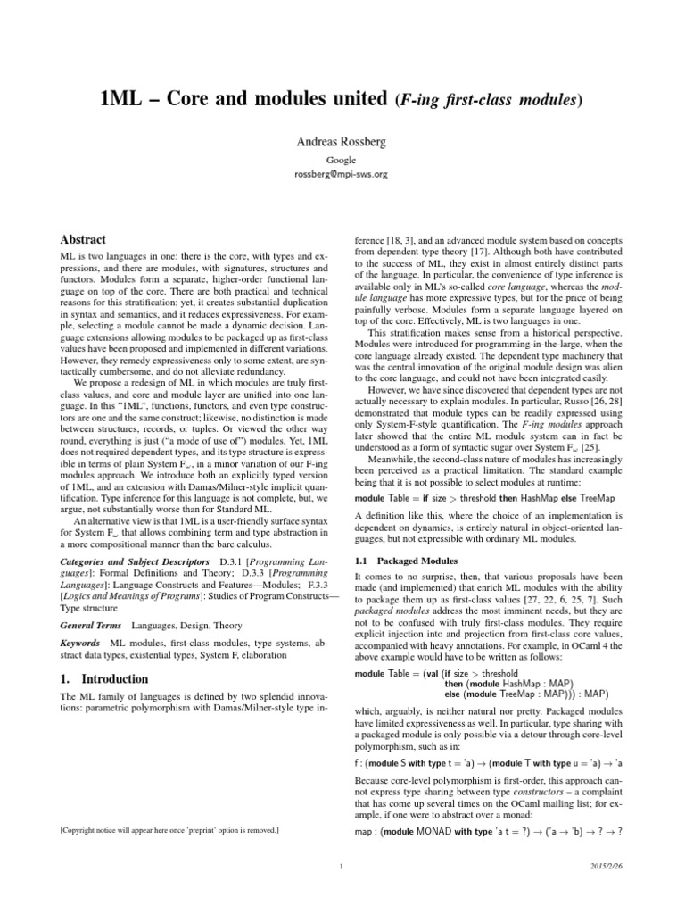 1ML Core and Modules United (FIng FirstClass Modules) PDF Data