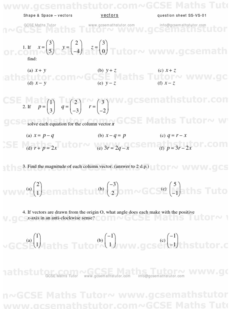 worksheet Adding Vectors Worksheet vectors worksheet 01 shape space revision from gcse maths tutor