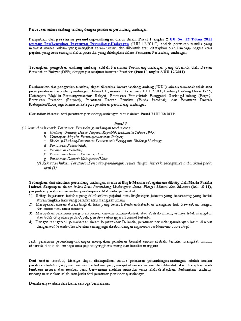 Perbedaan Antara Undang2 Dengan Peraturan Perundang-undangan