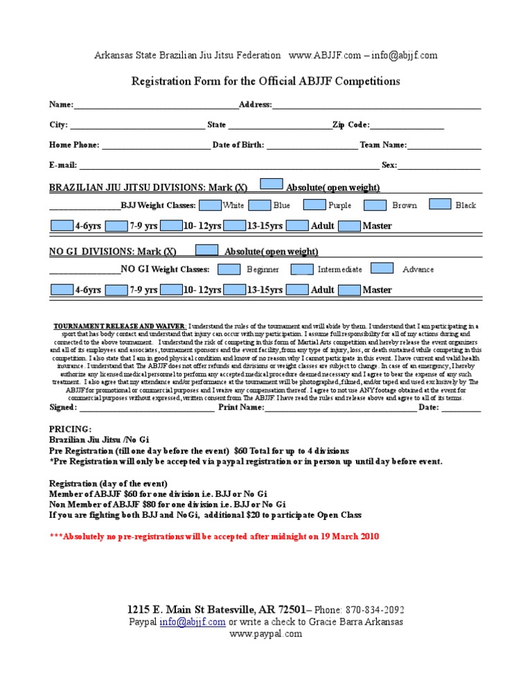 ABJJF Competition Registration Form | PDF | Brazilian Jiu Jitsu | Business