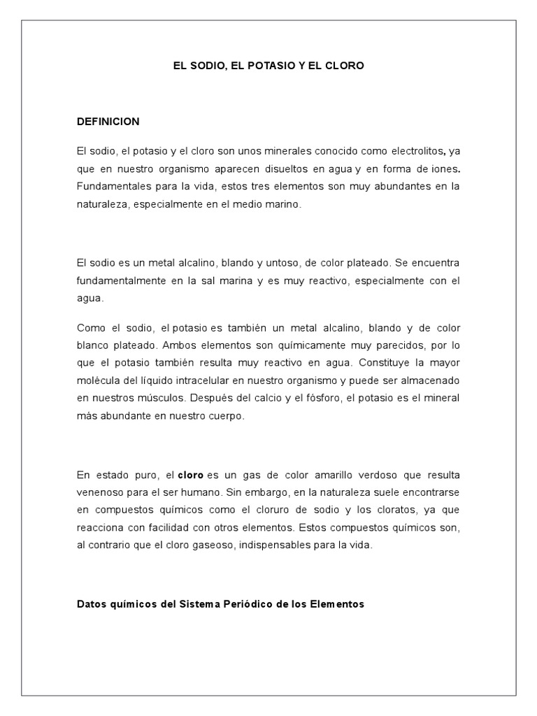 Funciones y fuentes del sodio en el cuerpo | PDF | Potasio | Dieta y ...
