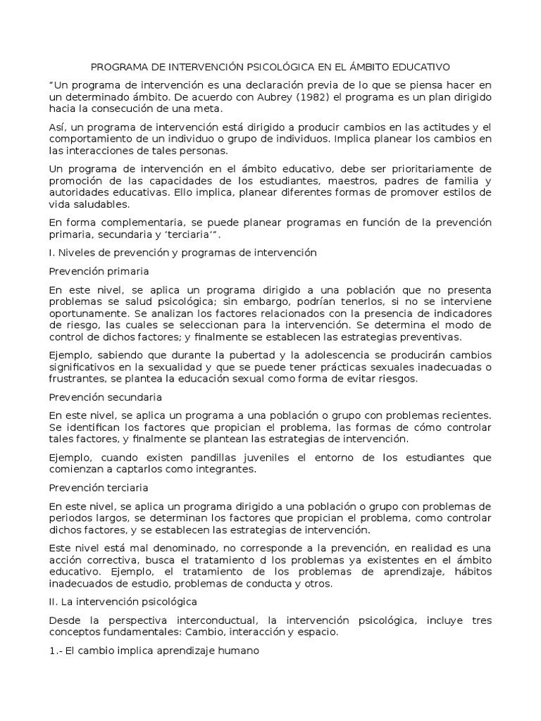 Programa de Intervención Psicológica Educativa | PDF | Sicología ...