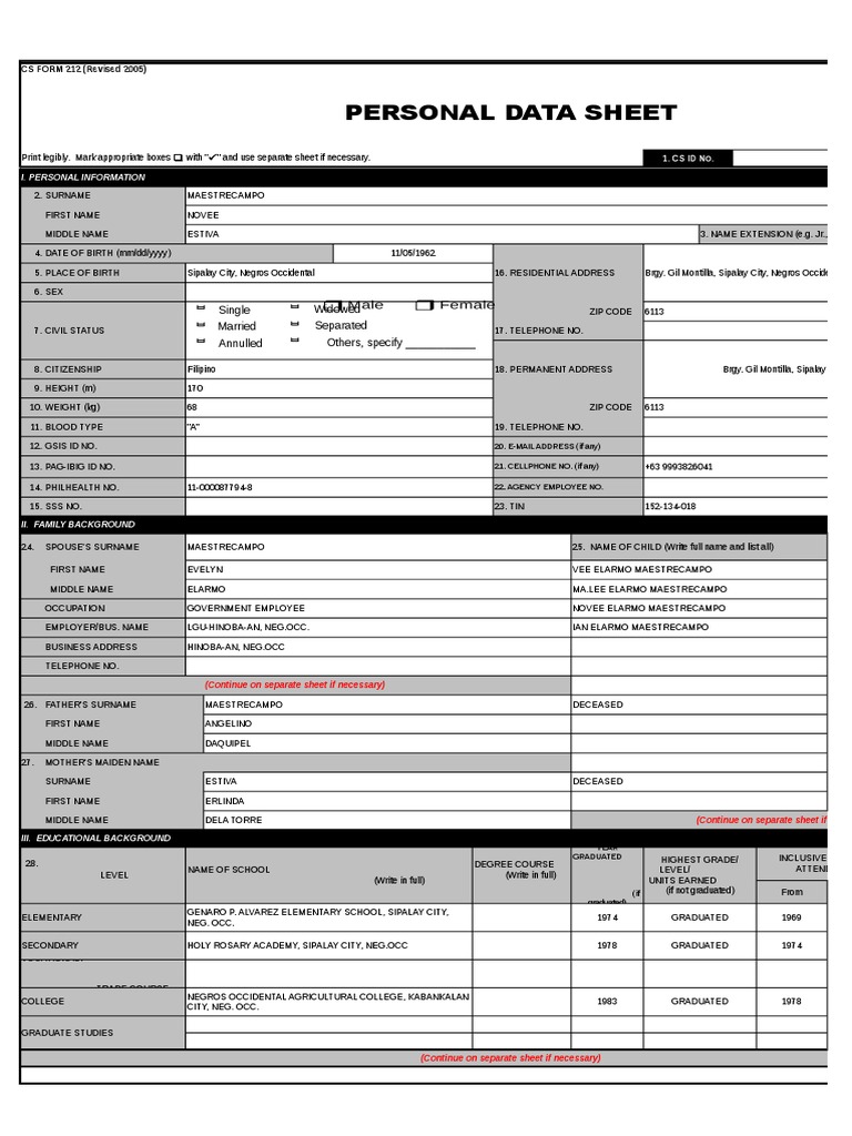 CSC Personal Data Sheet | PDF | Government | Social Institutions