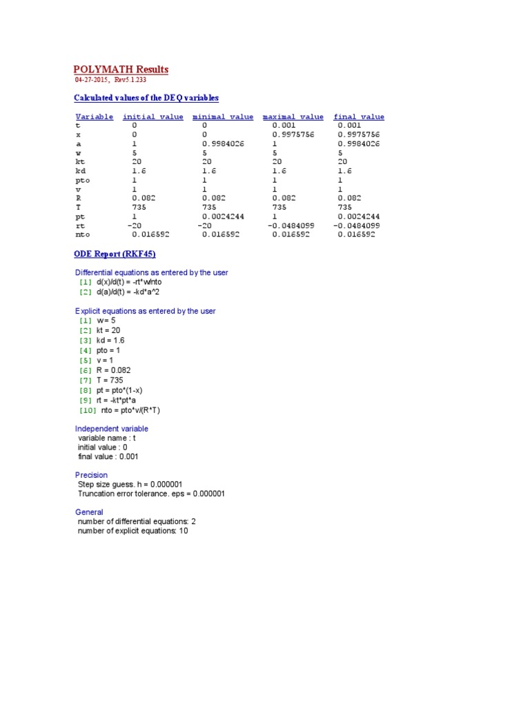POLYMATH ODE Results Summary | PDF | Technology & Engineering