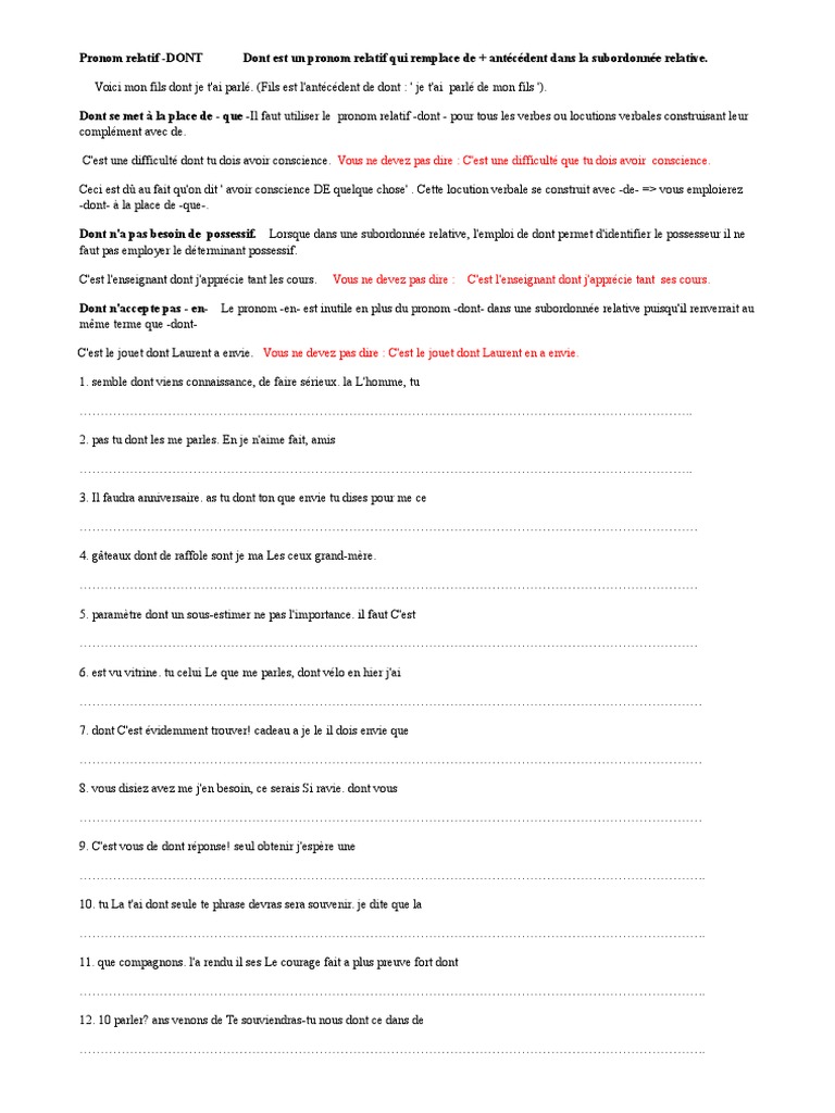 Completez Les Phrases Suivantes Avec Le Pronom Relatif Qui Convient Pronom relatif