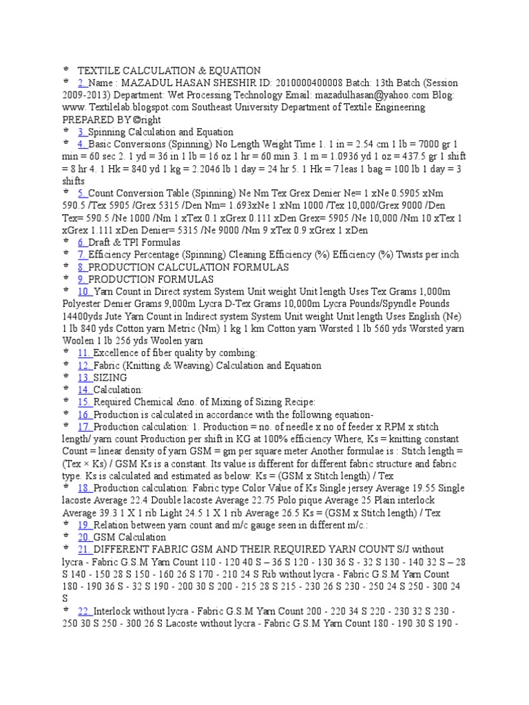 Textile Calculation | PDF | Yarn | Shirt