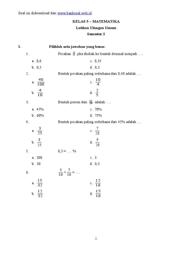 Soal Kelas 5 Sd Ulangan Umum Semester Ii Matematika
