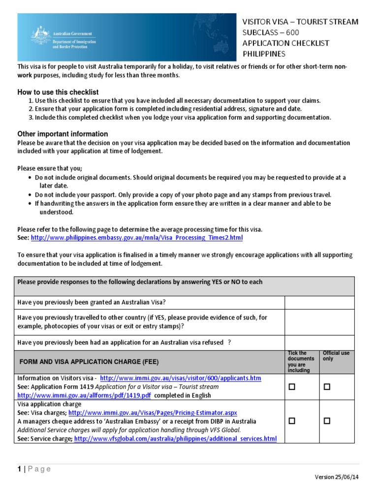 AUS Visa F0614 Sc600 Visitor Tourist Stream Checklist | Travel Visa ...