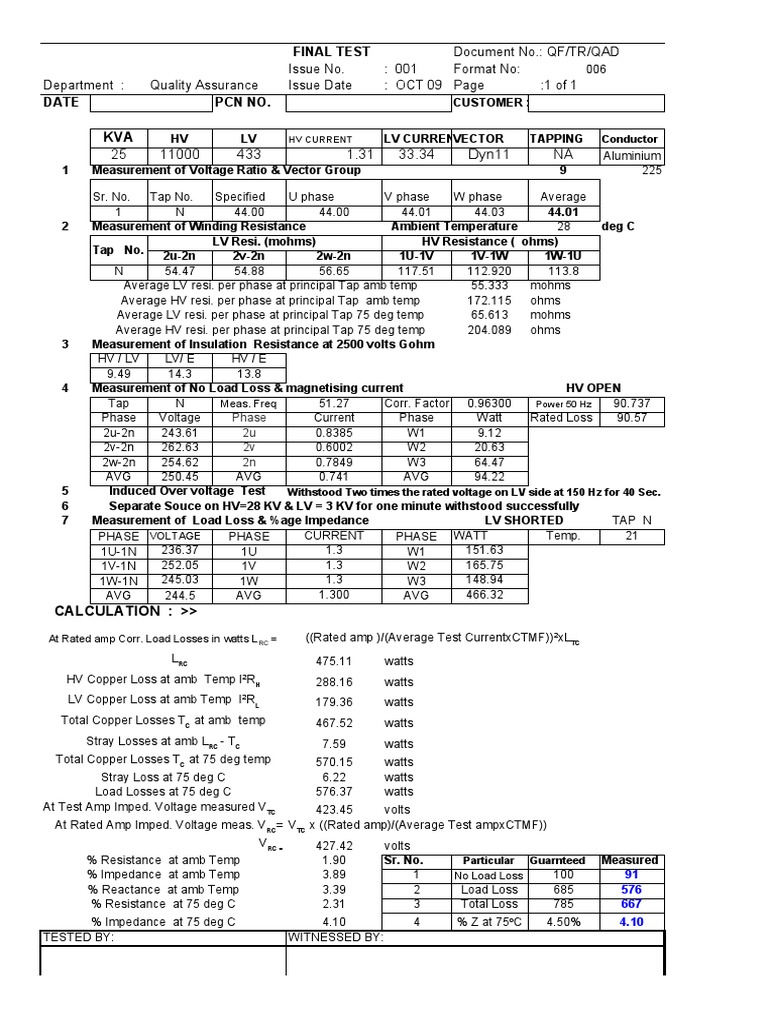 Transformer Test Report PDF Transformer Power (Physics)