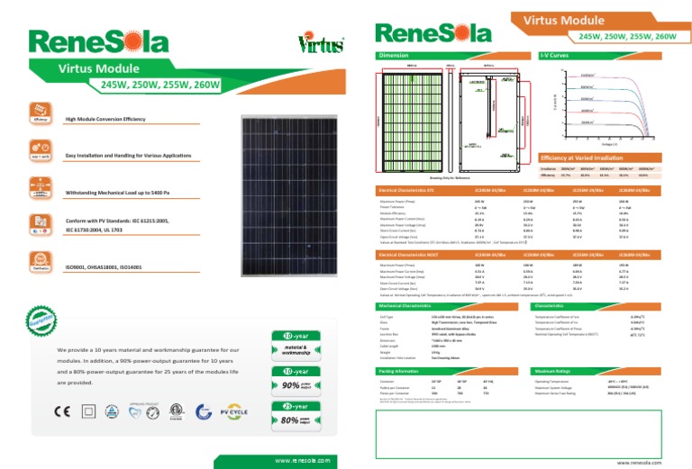 Renesola 260W Solar Panel Specs | PDF | Electric Power | Equipment