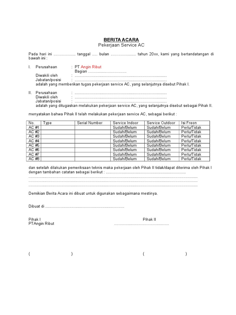 Contoh Berita Acara Servis Ac