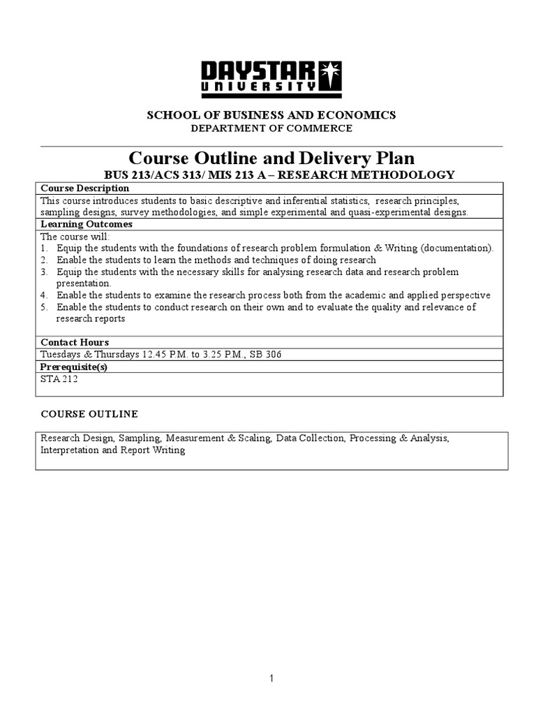 BUS 213 A Weekly Delivery Plan | PDF | Research Design | Survey Methodology