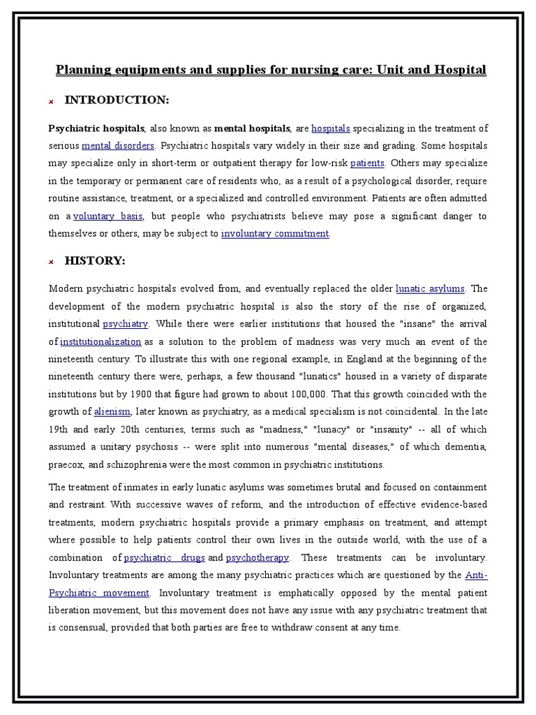 Planning Equipments and Supplies For Nursing Care PDF Psychiatric