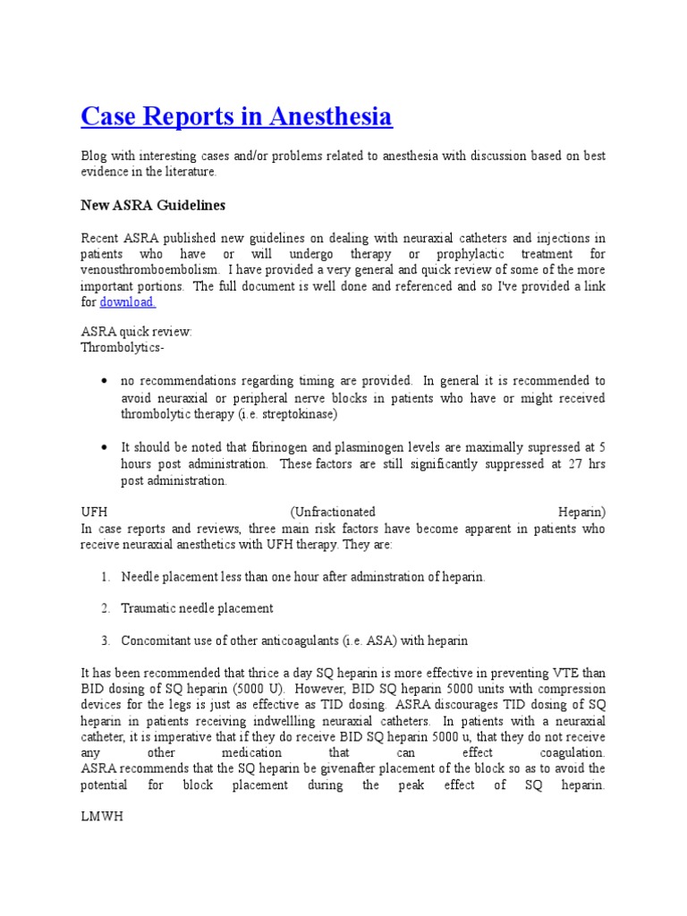 Case Reports in Anesthesia New ASRA Guidelines PDF Medicine Drugs