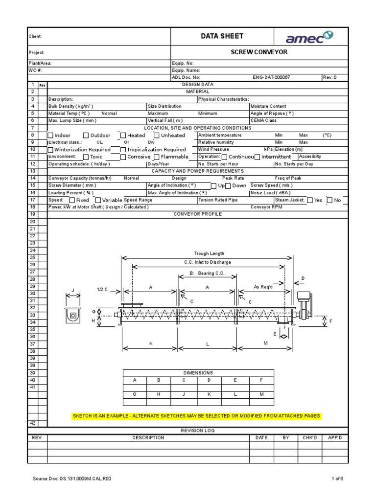 Screw Conveyor Design Data Sheet | PDF