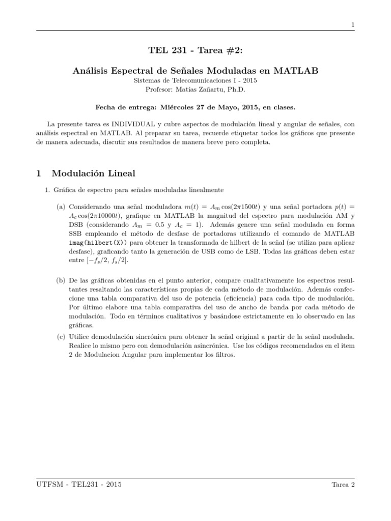 Tarea2 TEL231 2015 1 | PDF | Densidad espectral | Modulación de frecuencia