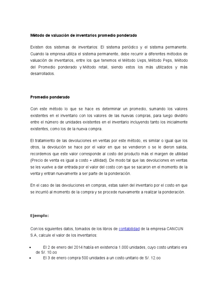 Método de Valuación de Inventarios Promedio Ponderado