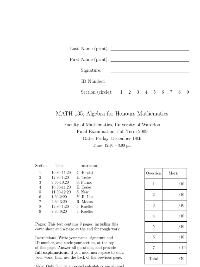 MATH 135 Final Exam Fall 2009 | PDF