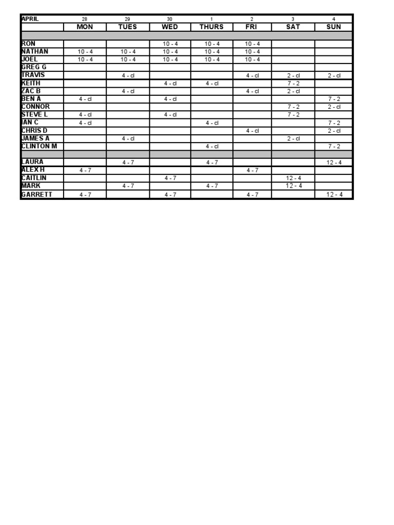 April Work Schedule Overview | PDF