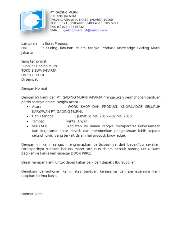 Surat Proposal Outing Untuk Toko Siswa